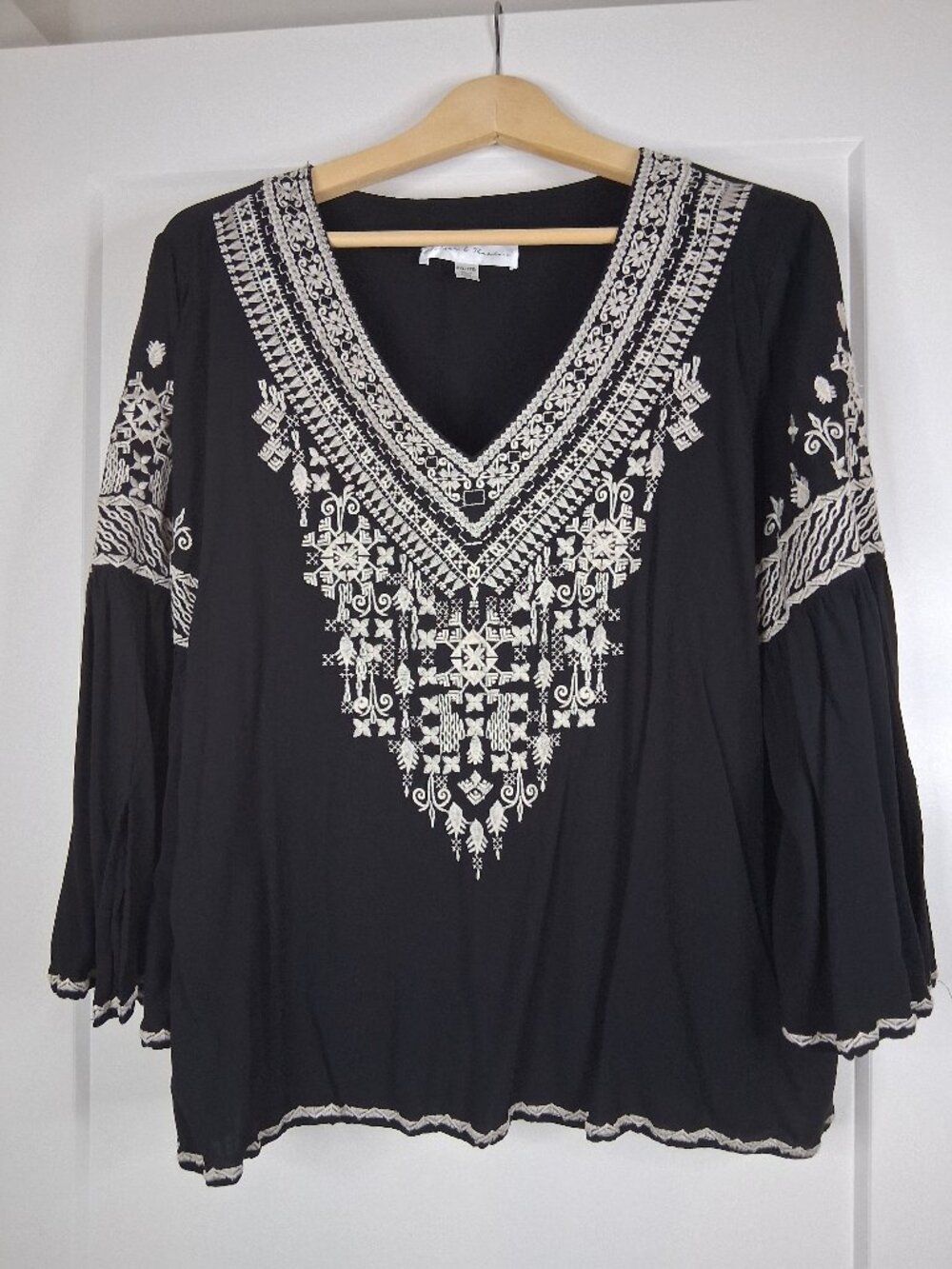 Chelsea & Theodore Tunic Top Womens 2XL Black Boho Peasant Bell Sleeve Festival